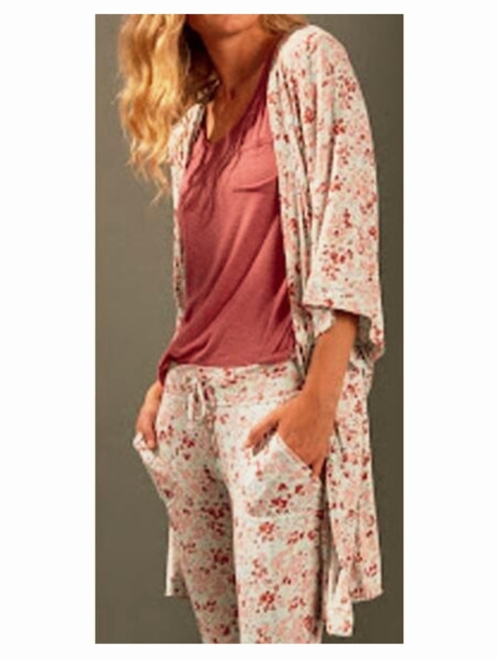 Prana Rose Tank with Cream Floral Robe & Pants Set